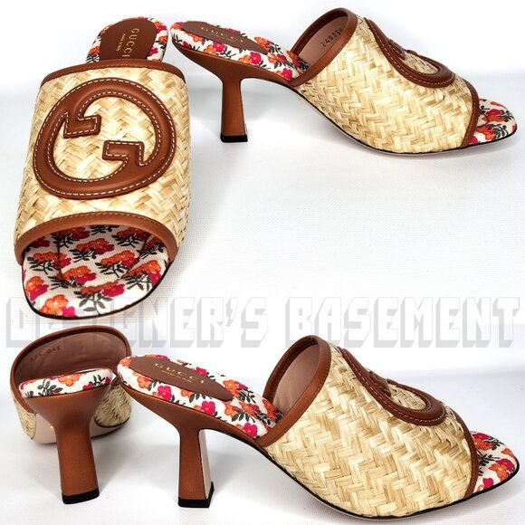 GUCCI Mabel Raffia 37.5EU-7.5US leather Interlocking GG Slide heel Sandals shoes - Picture 7 of 10